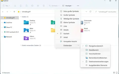 Windows 11 Explorer: Favoriten anzeigen. Menü "Anzeigen" öffnet Optionen für Ansicht, Details und Einblendung von Elementen wie Navigations- und Detailbereich.