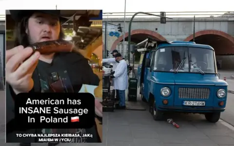 Amerykanin zachwycony kiełbaskami z Nyski, które uważa za najlepsze, jakie jadł. Obok niebieski food truck.