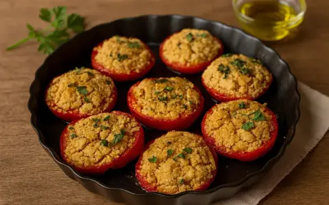 Pomodori al forno alla pugliese, ripieni e dorati, guarniti con prezzemolo fresco. Un sapore autentico.