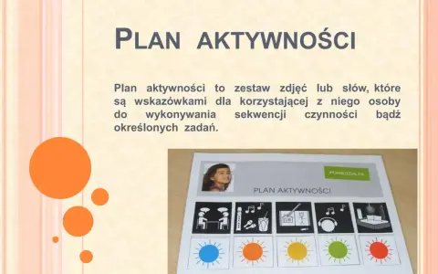 Indywidualny plan pracy z dzieckiem z autyzmem: wizualny harmonogram z ikonami i zdjęciem dziecka.