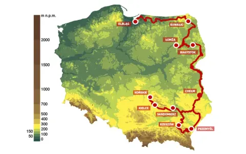 Mapa Polski z zaznaczoną trasą rowerową od Elbląga po Przemyśl. To najdłuższa ścieżka rowerowa w Polsce, łącząca malownicze miasta i krajobrazy.