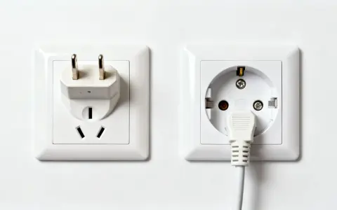 Två vita eluttag på en vit vägg. Ett med en adapter för amerikanska kontakter, det andra med en vit kabel instucken. Svenska eluttag är standard.