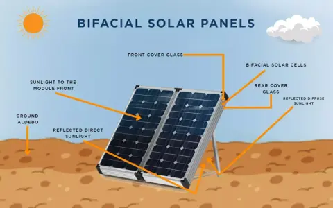 Illustration d'un panneau solaire double face captant la lumière directe et réfléchie du sol.
