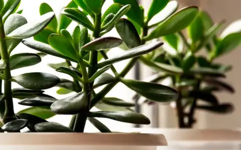 Planta de jade interior o exterior con hojas verdes y carnosas, en macetas blancas, con luz suave de fondo.