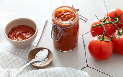 Un pot de coulis de tomates maison, des tomates fraîches et une cuillère de sel, prêts pour une recette savoureuse.