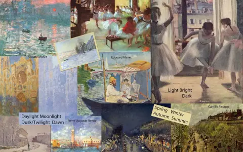 En samling verk av franska impressionister som Claude Monet, Edgar Degas och Pierre-Auguste Renoir. Motiven varierar från balettdansöser till stadsvyer och landskap.