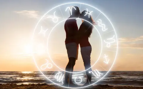 Para Skorpiona: para zakochanych na plaży w zachodzącym słońcu, otoczona znakiem zodiaku.