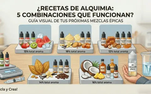 Guía visual de alquimia para vapers: 5 combinaciones de aromas para crear tus mezclas épicas. Incluye frutas, postres, tabaco, frutos secos y tropicales.