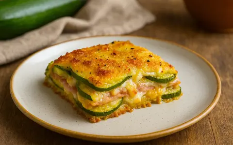 Una fetta di parmigiana di zucchine bianca alla napoletana, dorata e filante, con prosciutto e formaggio.