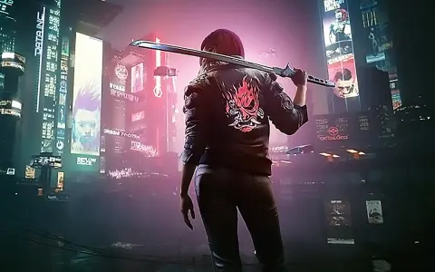 Una guerrera con una katana y una chaqueta con un demonio rojo, lista para la acción en una ciudad cyberpunk llena de luces de neón y carteles publicitarios.