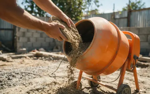 Man adding gravel to an orange cement mixer. The question of cuanto tarda en fraguar el hormigon es clave para la obra.
