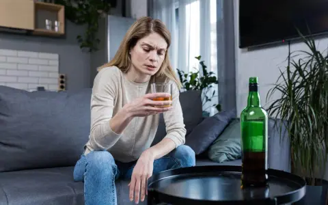 Kobieta z kieliszkiem alkoholu i butelką obok. Obraz symbolizuje 10 strat z picia alkoholu, pokazując jej smutek i zagubienie.