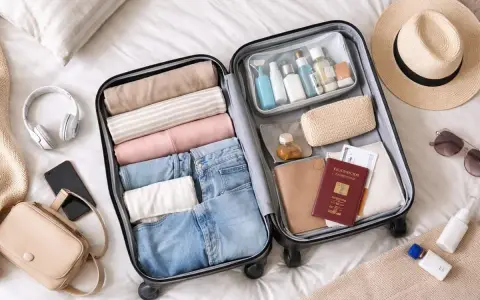 Starannie spakowany bagaż: ubrania, kosmetyki, paszport i bilet. Gotowy na podróż!