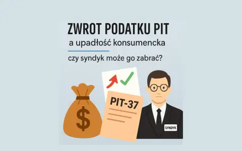 Zwrot podatku PIT a upadłość konsumencka. Czy syndyk może zabrać pieniądze? Ilustracja przedstawia worek z pieniędzmi, dokument PIT-37 i syndyka.