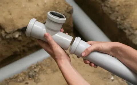 Ręce łączą elementy instalacji wodnej w domu. Montaż rur kanalizacyjnych w wykopie.