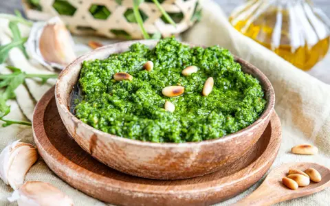 Frisches Rucola Pesto, garniert mit Pinienkernen, daneben Knoblauch und Olivenöl.