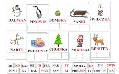 Ilustracje świąteczne: bałwan, pingwin, bombka, sanki, świeczka, narty, prezenty, choinka, Mikołaj, renifer.