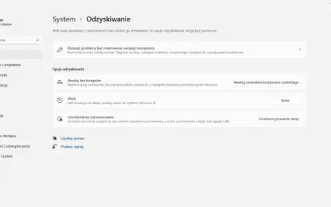 Opcje odzyskiwania systemu Windows. Możesz zresetować komputer, wrócić do Windows 10 lub uruchomić zaawansowane opcje, jeśli chcesz przywrócić system.