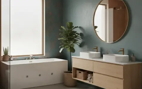 Salle de bain moderne avec baignoire, double vasque en bois clair et mur aux tons bleu-vert. La couleur salle de bain est apaisante.