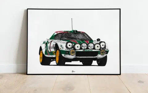 Rysunek kultowego Lancia Stratos w barwach Alitalii, gotowego do rajdu.