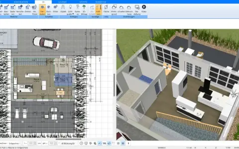 Grundriss einer Altbauwohnung mit Carport und 3D-Ansicht. Der Grundriss zeigt Räume, Maße und Möbel.