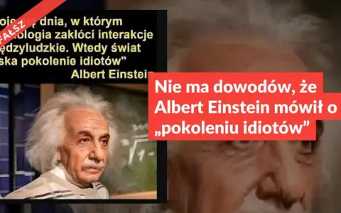 Portret Alberta Einsteina z napisem "FAŁSZ" i tekstem o braku dowodów na jego cytat o "pokoleniu idiotów".