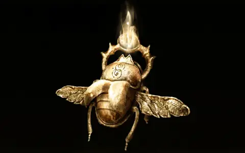 Un escarabajo dorado con alas, símbolo de todos los talismanes legendarios de Elden Ring, brilla con una luz etérea.