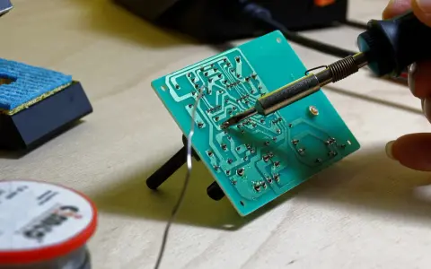Saldatura di componenti elettronici su una scheda verde con stagno. Si può saldare con lo stagno per creare connessioni elettriche.