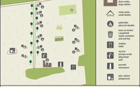 Mapa Kampinoskiego Parku Narodowego z zaznaczonymi wiatami, paleniskami, toaletami, placem zabaw i innymi udogodnieniami.