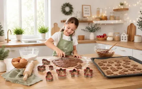 Fröhliches Backen mit Kindern: Ein Mädchen schneidet mit Ausstechern Weihnachtsplätzchen aus Teig. Auf dem Blech warten schon viele fertige Kekse.