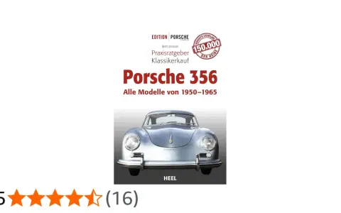 Okładka książki o Porsche 356, z widokiem na klasyczny samochód i informacją o 150 000 sprzedanych egzemplarzy.