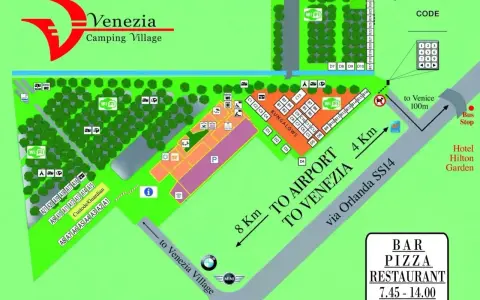 Mapa Venezia Camping Village z zaznaczonymi parcelami, bungalowami, Wi-Fi, toaletami, placem zabaw i drogą do Wenecji.
