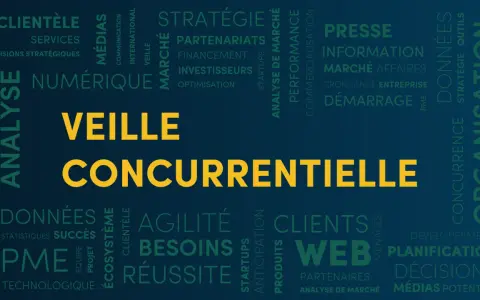 Nuage de mots sur la veille concurrentielle, incluant des termes comme analyse, stratégie, marché, données, organisation et clients.