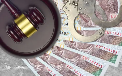 Młotek sędziowski, kajdanki i polskie banknoty na szarym tle.
