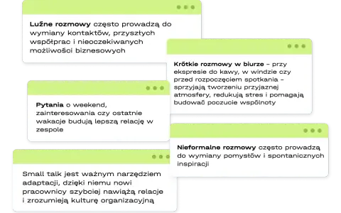 Luźne rozmowy, pytania o weekend i krótkie pogawędki przy kawie to small talk, który buduje relacje i sprzyja współpracy.