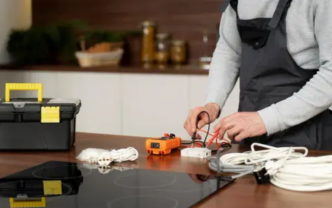 Un technicien vérifie un fusible pour plaque induction avec un multimètre. Outils et câbles à proximité.