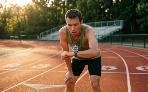 Un coureur essoufflé sur une piste d'athlétisme, vérifiant sa montre après une séance VMA intense. Le soleil couchant illumine la scène.