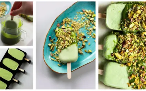 Pyszne lody na patyku w pistacjowej odsłonie, zanurzane w zielonej polewie i posypywane chrupiącymi orzechami.