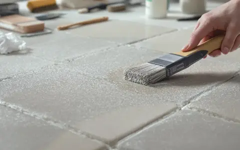 Application d'une couche de béton ciré sur du carrelage. Une main tient un pinceau pour étaler le produit sur les carreaux.