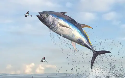Un tonno balza fuori dall'acqua, circondato da spruzzi, con due pesci volanti che gli volano accanto. La pesca tonno è un'attività emozionante.