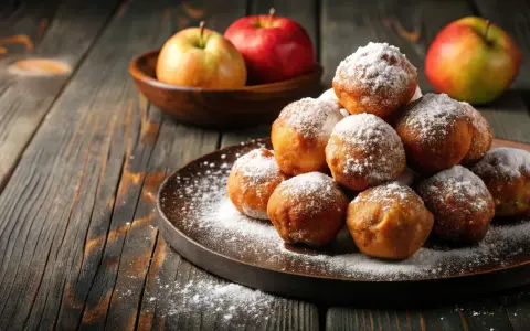 Montón de buñuelos de manzana espolvoreados con azúcar glas sobre un plato oscuro. Manzanas rojas y verdes en un cuenco de madera al fondo.