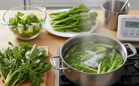 Préparation pour la cuisson d'épinards frais. Des légumes verts bouillonnent dans une casserole, d'autres attendent sur une assiette et une planche à découper.