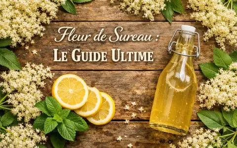 Fleurs de sureau : le guide ultime. Découvrez les bienfaits de cette plante aux multiples vertus, avec une bouteille de sirop, des citrons et de la menthe.