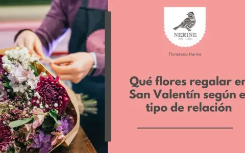 Manos arreglando un ramo de flores moradas y rosas. El texto dice: "Qué flores regalar en San Valentín según el tipo de relación".