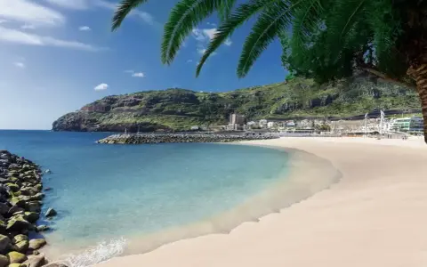 Traumhafter Madeira Strand mit türkisfarbenem Wasser, goldenem Sand und grünen Hügeln im Hintergrund. Palmen spenden Schatten.