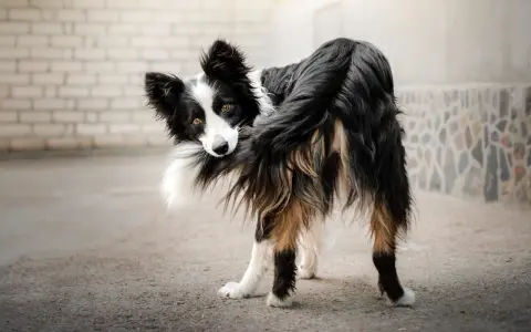 Czarno-biały pies rasy border collie, z brązowymi oczami, zabawnie gryzie swój puszysty ogon.