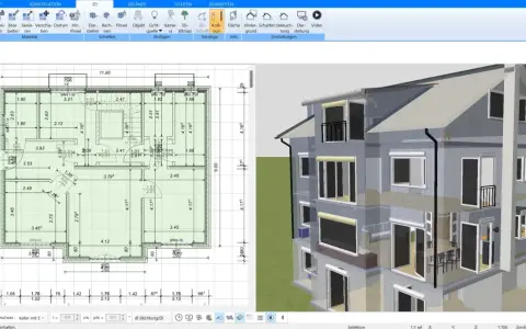 Grundriss eines Hauses mit Maßen und 3D-Ansicht. Die Software ermöglicht die Planung und Berechnung von innenputz kosten.