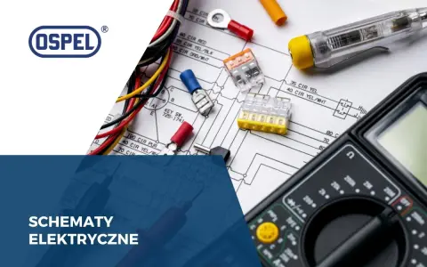 Schematy elektryczne z symbolem czujnika kontaktronowego, przewodami i multimetrem.