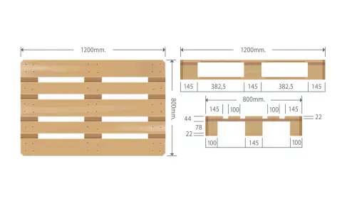 Schemat palety z podanymi wymiarami europalety w cm: 1200 mm x 800 mm.
