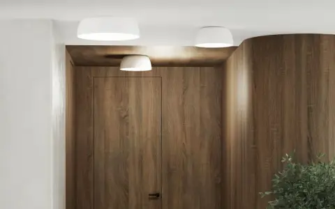 Nowoczesne wnętrze z drewnianymi panelami i dwoma białymi lampami sufitowymi.